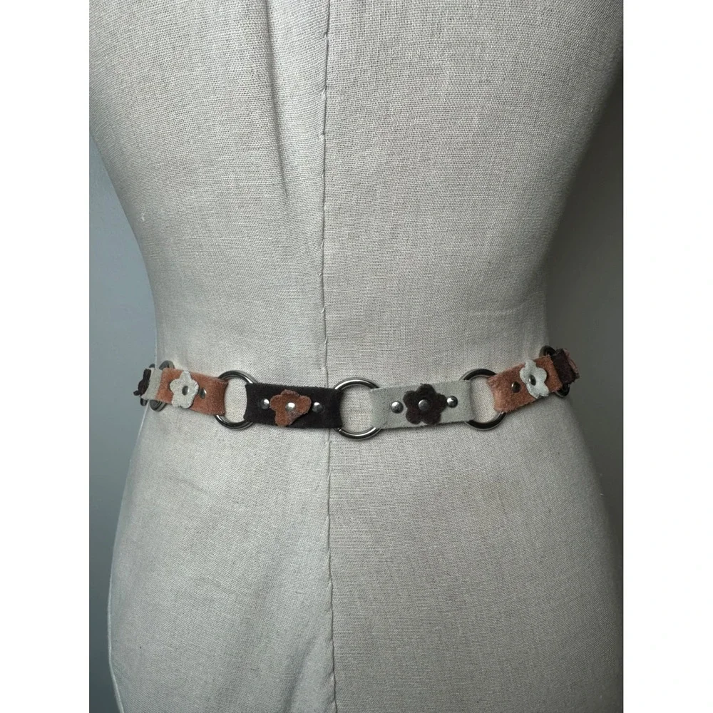 Genuine Suede Leather Belt Link Flower Brown Tan Floral Boho Tie Waist S/M Retro